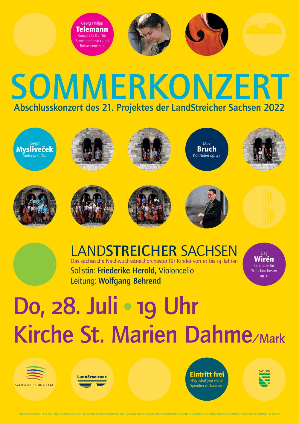 Konzertplakat für das Landstreicher Sachsen 2022 Projekt mit gelben Hintergrund auf dem rund ausgeschnittene Bilder und Kreise mit den entsprechenden Daten und Informationen sind.