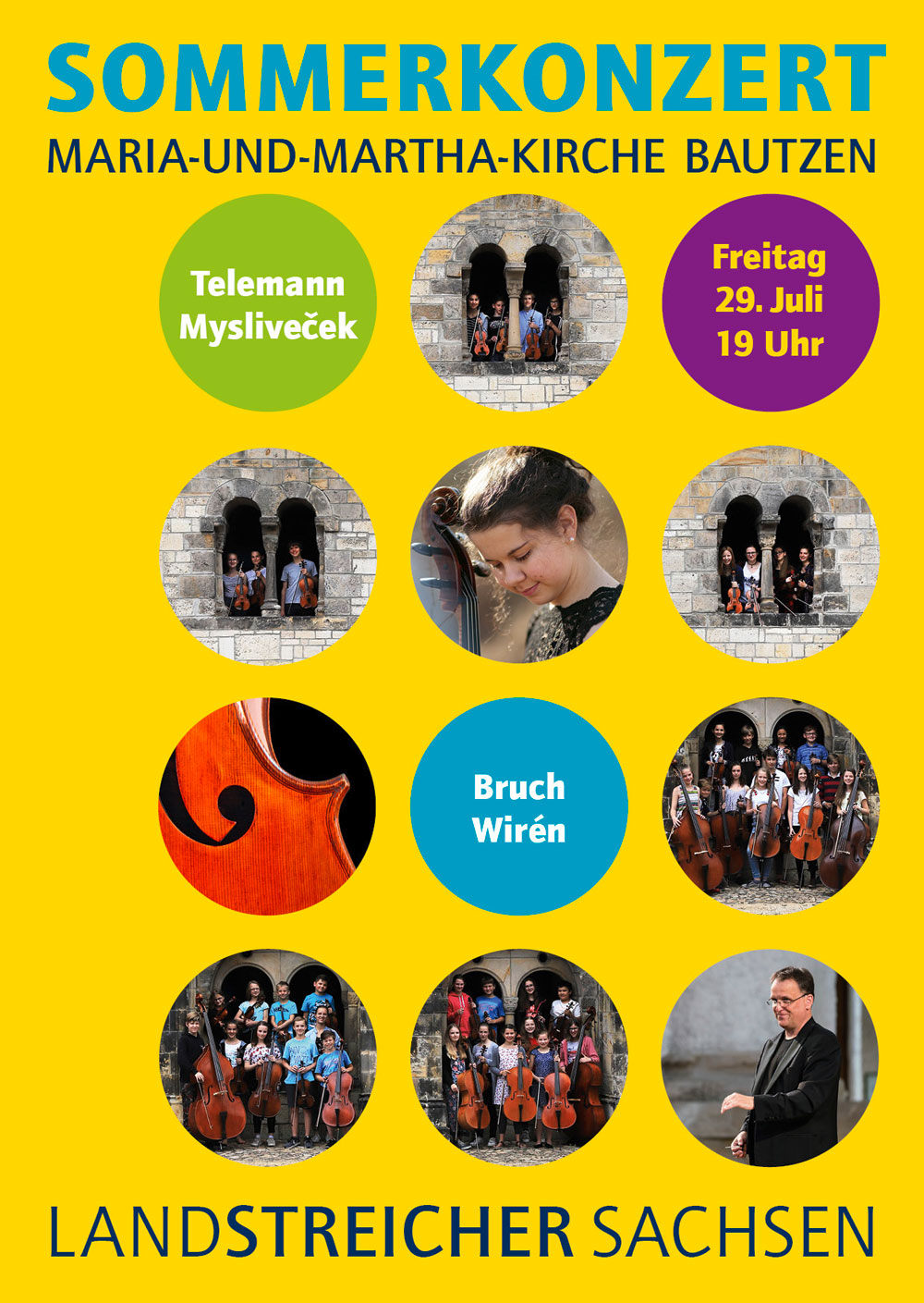 Konzertplakat für das Landstreicher Sachsen 2022 Projekt in Bautzen mit gelben Hintergrund auf dem rund ausgeschnittene Bilder und Kreise mit den entsprechenden Daten und Informationen sind.
